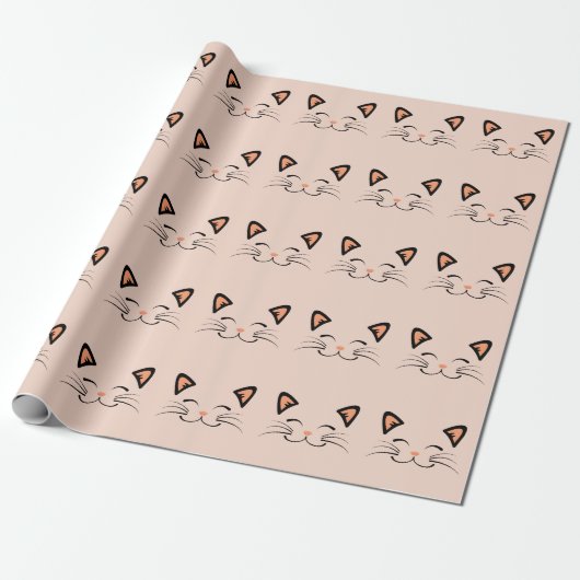 Papier Cadeau Floating Kitten Cat Face Pattern  (Déroulé)