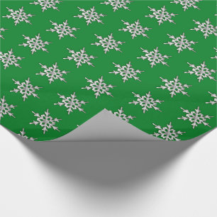 Papier Cadeau Flocon de neige argent et blanc sur fond vert pin