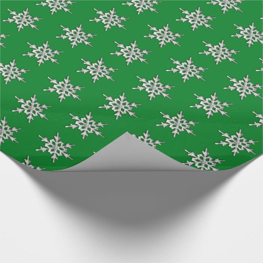 Papier Cadeau Flocon de neige argent et blanc sur fond vert pin (Coin)