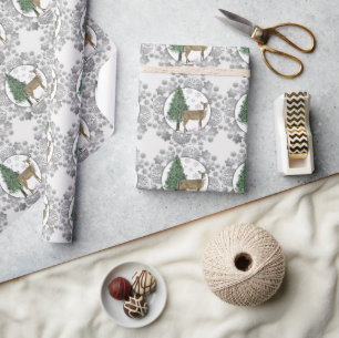 Papier Cadeau Flocon de neige argenté avec cerf à queue blanche 