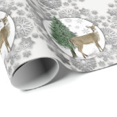 Papier Cadeau Flocon de neige argenté avec cerf à queue blanche (Coin rond)