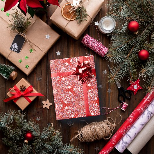 Papier Cadeau Flocon de neige de Noël Motif de luxe Rouge