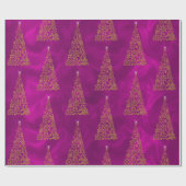 Papier Cadeau Flocon de neige doré arbres de Noël sur soie rose (Plat)