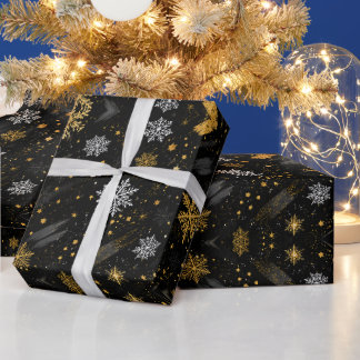 Papier Cadeau Flocon de neige doré et blanc sur fond noir grunge
