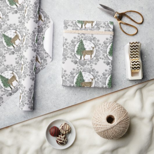 Papier Cadeau Flocon de neige en argent avec cerf blanc (Artisanat)