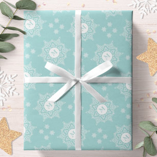 Papier Cadeau Flocon de neige Monogramme Moderne Aqua Noël Fêtes