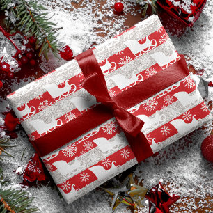 Papier Cadeau Flocon de neige rouge et argenté de rayure et