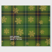 Papier Cadeau Flocon de neige vert Tartan or Noël personnalisé (Plat)