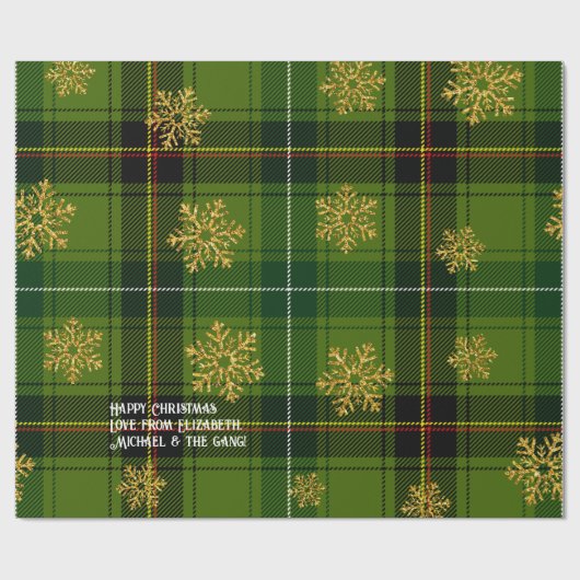 Papier Cadeau Flocon de neige vert Tartan or Noël personnalisé (Plat)
