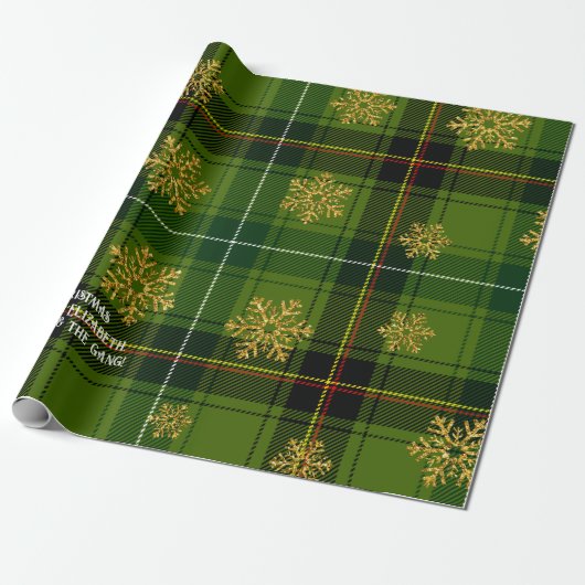 Papier Cadeau Flocon de neige vert Tartan or Noël personnalisé (Déroulé)