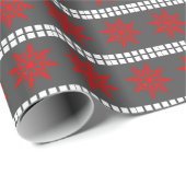 Papier Cadeau Flocon de Noël nordique motif gris rouge blanc (Coin rond)