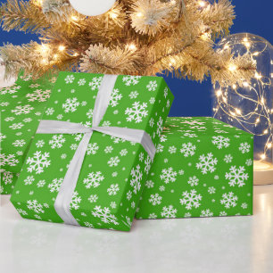 Papier Cadeau Flocons blancs sur motif vert d'hiver