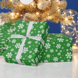 Papier Cadeau Flocons blancs sur motif vert d'hiver