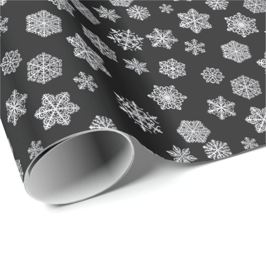 Papier Cadeau Flocons d'argent sur fond noir (Coin rond)