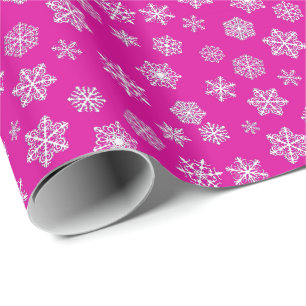 Papier Cadeau Flocons de neige 3D blancs sur un fond rose fuchsi