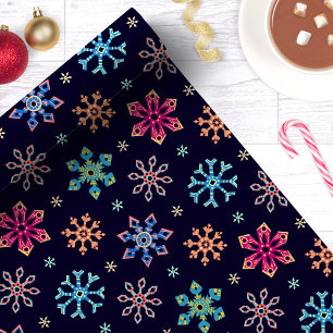 Papier Cadeau Flocons de Neige Arc-en-Ciel Bleu Nuit Noël