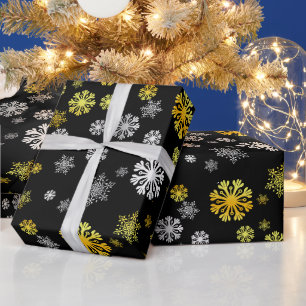 Papier cadeau flocons de neige argent or noir