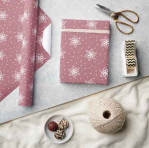 Papier Cadeau Flocons de neige blancs pois roses Noël