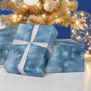 Papier Cadeau Flocons de neige bleus blancs d'hiver Noël