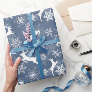 Papier Cadeau Flocons de neige cerfs motif bleu de Noël