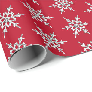 Papier Cadeau Flocons de neige, cristaux argentés sur rouge