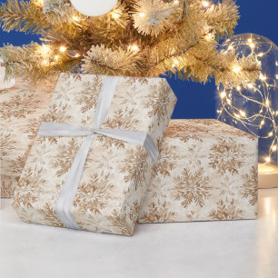 Papier Cadeau Flocons de neige de Noël crème marron