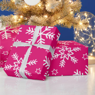 Papier Cadeau Flocons de neige de Noël rose vif et blanc