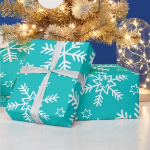 Papier Cadeau Flocons de neige de Noël turquoise et blanc