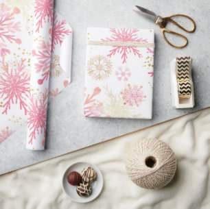 Papier Cadeau Flocons de neige d'hiver à paillettes roses et or