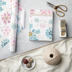 Papier Cadeau Flocons de neige d'hiver rose, bleu et or à l'aqua