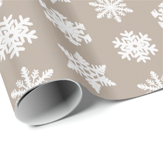 Papier Cadeau Flocons de neige d'Ikat - Taupe bronzage et blanc (Coin rond)