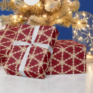 Papier Cadeau Flocons de neige dorés sur fond rouge