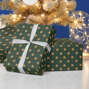 Papier Cadeau Flocons de neige dorés Vert foncé Noël élégant
