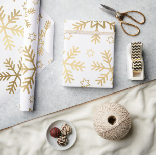 Papier Cadeau Flocons de neige élégants blancs et dorés pour Noë