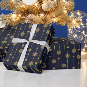 Papier Cadeau Flocons de neige et étoiles dorés élégants sur fon