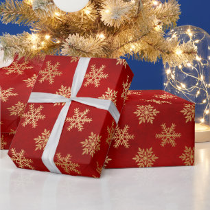 Papier Cadeau Flocons de neige hivernaux festifs rouges et dorés