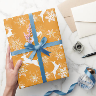 Papier Cadeau Flocons de neige jaune motif cerf de Noël