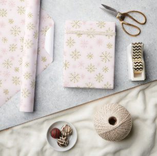Papier Cadeau Flocons de neige roses et dorés
