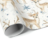 Papier Cadeau Flocons de Noël Bleus Cerf Doux (Coin rond)