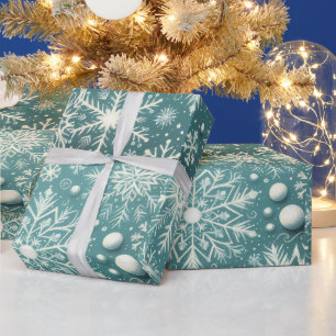 Papier Cadeau Flocons de Noël Neige Sarcelle Blanche Découpage