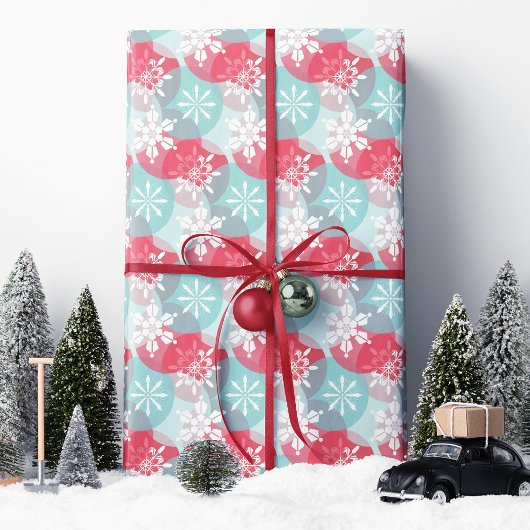 Papier Cadeau Flocons de Noël Rouge Bleu