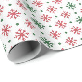 Papier Cadeau Flocules de neige vertes et rouges en blanc (Coin rond)