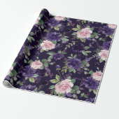 Papier Cadeau Floraison | Motif violet foncé et rose (Déroulé)