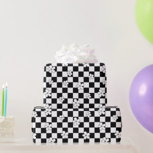 Papier Cadeau Floral à damiers noir et blanc motif