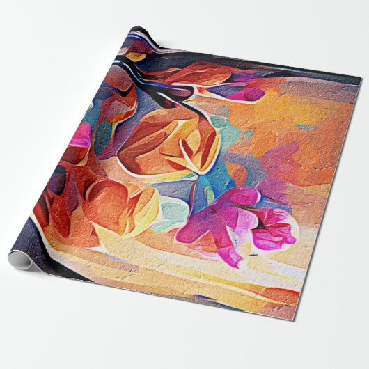 Papier Cadeau Floral Abstract Art Orange Red Blue Flowers (Déroulé)