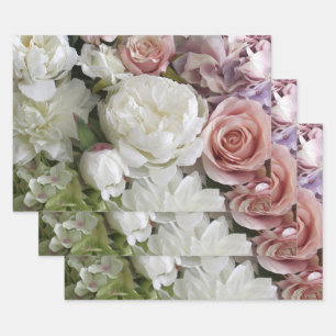 Papier cadeau floral avec pivoine et roses, 3 feui