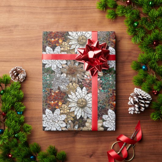 Papier Cadeau Floral blanc rouge or (Cadeau de vacances)