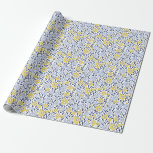 Papier Cadeau Floral bleu jaune - Fleurs sauvages - marguerites