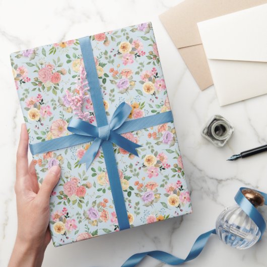 Papier Cadeau Floral Boho d'été sur bleu clair (Cadeaux)