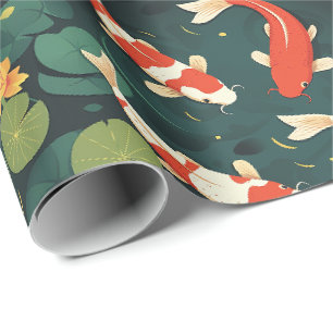 Papier cadeau floral Carpe Koï vintage et Lotus do